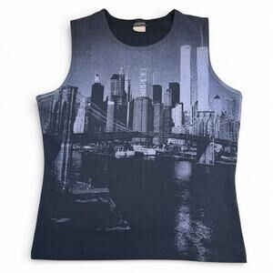 Y2K 90s Vintage Tangents Womens New York City Scape Tank Top Twin Towers Medium